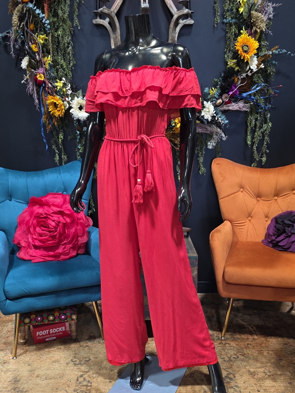Dress Day On/ Off-Shoulder Ruffle Wide-Leg Jumpsuit - Bright Red